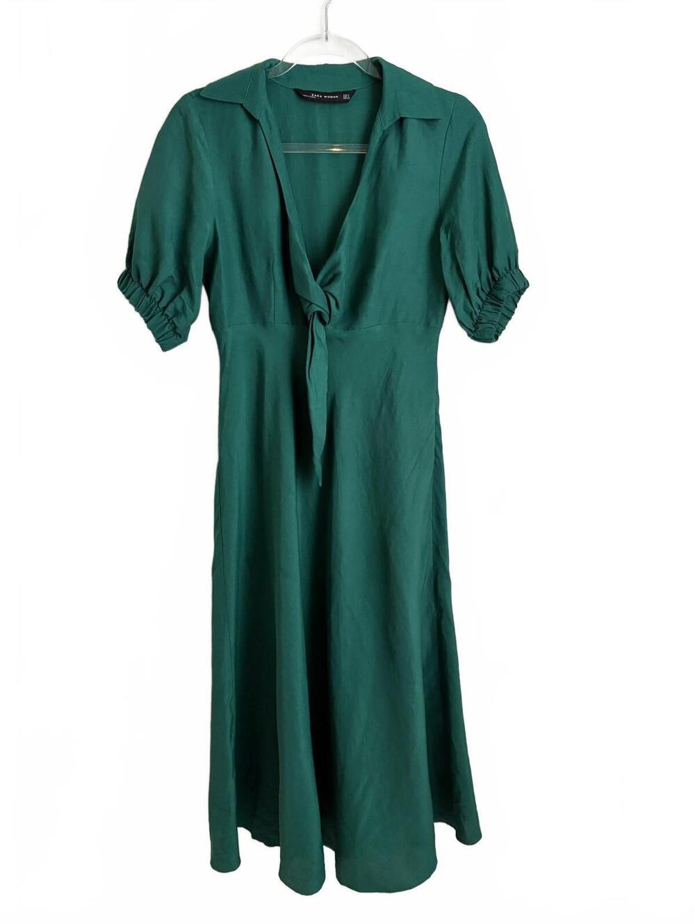 ZARA | Emerald Green Linen Tie Short Sleeve Fit & Flare Midi Dress Size S